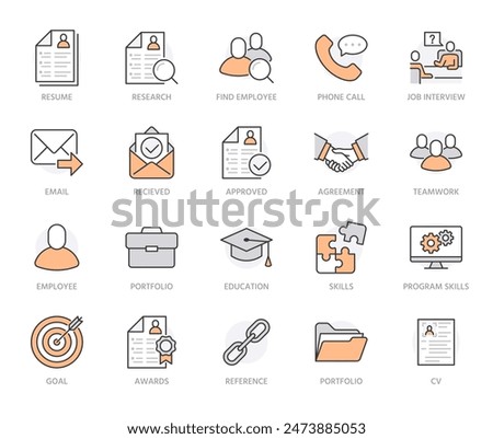 Resume flat line icons set. Hr human resources, job application, interview employee profile, teamwork, work experience vector illustrations Portfolio outline signs. Orange color, Editable Stroke