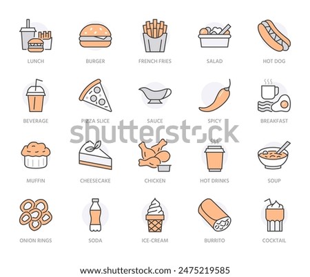 Fast food flat line icons set. Burger, combo lunch, french fries, hot dog, sauce, salad, soup, pizza vector illustrations. Thin signs for restaurant menu. Orange color. Editable Strokes