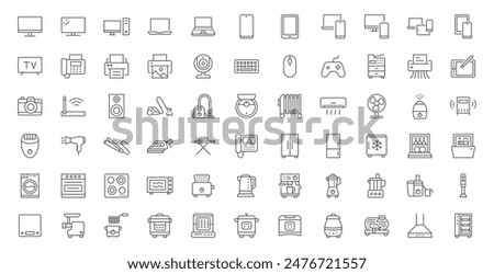 Household appliances line icon set. Computer monitor, web camera, keyboard, air conditioner, intercom, fridge, dishwasher outline vector illustration. Linear pictogram for electronics