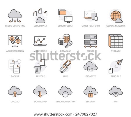 Cloud data storage line icons set. Database, information storage, server center, global network, backup, download vector illustrations. Technology thin signs. Orange color. Editable Strokes