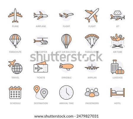 Aircraft flat line icons set. Airplane, helicopter, air taxi, skydiving, balloon, aero tube, paragliding vector illustration. Thin signs for plane tickets store. Orange color. Editable Strokes