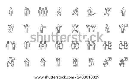 People in action line icon set. Man running, woman friends, communication, partnership, jumping person, cooperation minimal vector illustrations. Simple outline signs for human figure. Editable Stroke