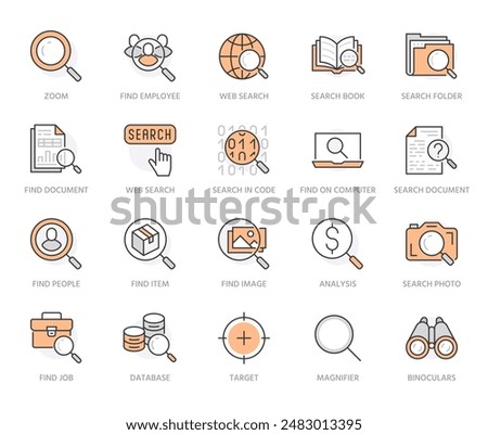 Data search flat line icons set. Magnify glass, find people, image zoom, database exploration, analysis vector illustrations. Thin signs for web engine. Orange color. Editable Strokes