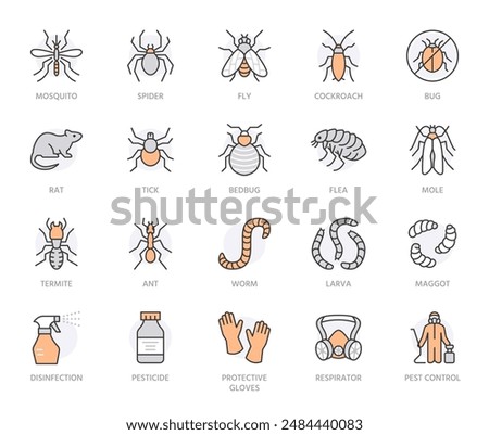 Pest control flat line icons set. Mosquito, spider, fly, cockroach, rat, termite, pesticide spray vector illustrations. Outline signs for disinfection service. Orange color. Editable Strokes