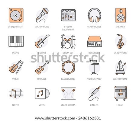 Musical instruments flat line icons set. Dj equipment, sound recording studio, piano, guitar, saxophone vector illustration. Outline pictogram for music store. Orange color. Editable Strokes