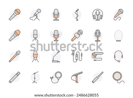 Mic flat line icons set. Podcast mike, journalist microphone, karaoke, conference, windscreen, retro radio vector illustration. Outline pictogram for music store. Orange color. Editable Stroke