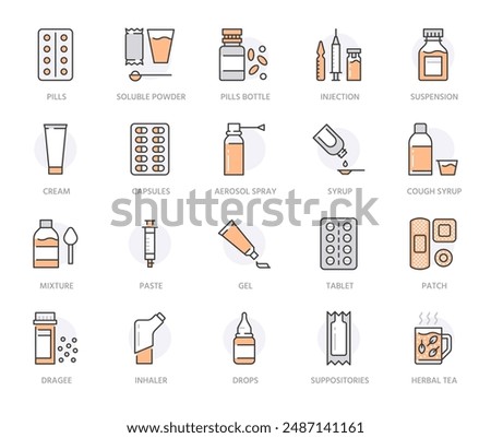 Medicines, dosage forms line icons. Pharmacy medicaments, tablet, capsules, pills, antibiotics, vitamins, painkillers, aerosol spray. Health care signs for drug store. Orange color Editable stroke