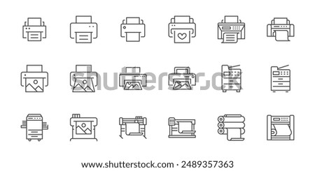 Printer line icon set. Large format printing, plotter, scanner, cutting machine minimal vector illustrations. Simple outline signs for printshop. Editable Stroke