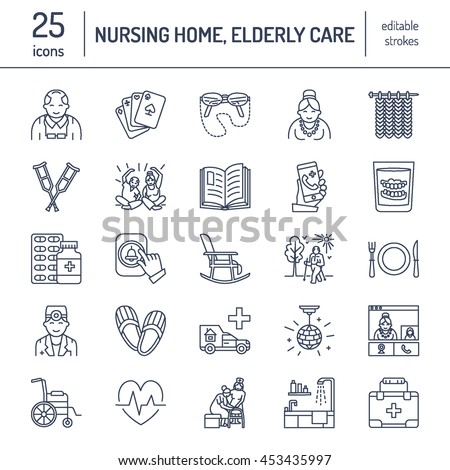 Modern vector line icon of senior and elderly care. Nursing home elements - old people, wheelchair, leisure, hospital call button. Linear pictogram with editable stroke for sites, brochure.