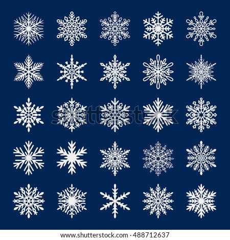 Cute snowflake collection isolated on blue background. Flat icons, snow flakes silhouette. Nice element for christmas, new year banner, cards. Organic and geometric ice set.