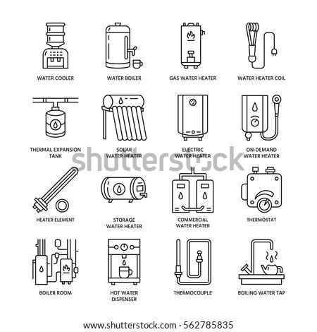 Water heater, boiler, thermostat, electric, gas, solar heaters and other house heating equipment line icons. Thin linear pictogram for hardware store. Household appliances signs