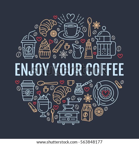 Coffee making poster template. Brewing vector line icon, circle illustration for menu. Elements - coffeemaker, french press, grinder, espresso, croissant, cupcake