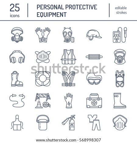 Personal protective equipment line icons. Gas mask, ring buoy, respirator, bump cap, ear plugs and safety work garment. Health protection thin linear signs.