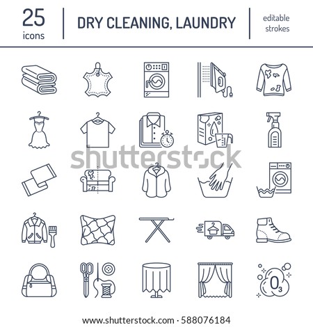 Dry cleaning, laundry line icons. Launderette service equipment, washing machine, clothing shoe and leaher repair, garment ironing and steaming. Washing thin linear signs for self-service laundry.