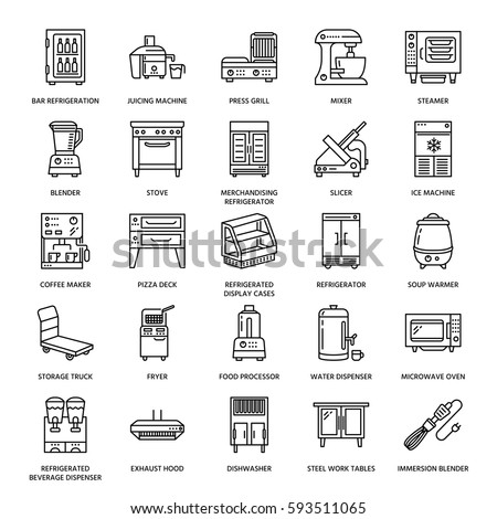 Restaurant professional equipment line icons. Kitchen tools, mixer, blender, fryer, food processor, refrigerator, steamer, microwave oven. Thin linear signs for commercial cooking equipment store