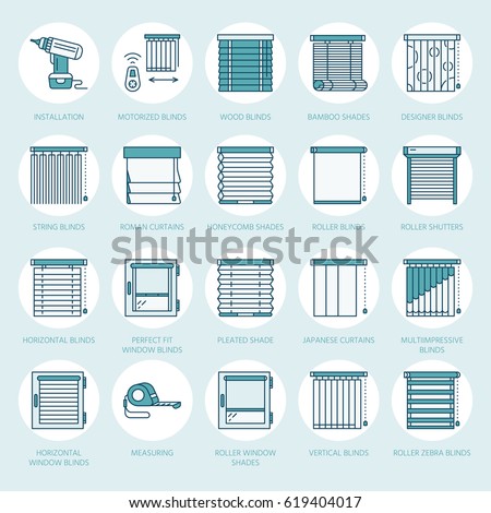 Window blinds, shades line icons. Various room darkening decoration, roller shutters, roman curtains, horizontal and vertical jalousie. Interior design thin linear colored signs for house decor shop.