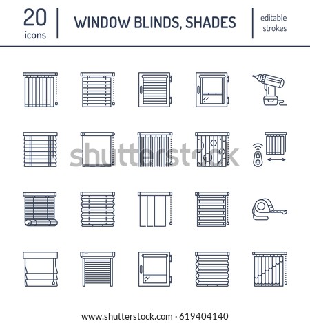Window blinds, shades line icons. Various room darkening decoration, roller shutters, roman curtains, horizontal and vertical jalousie. Interior design thin linear signs for house decor shop.