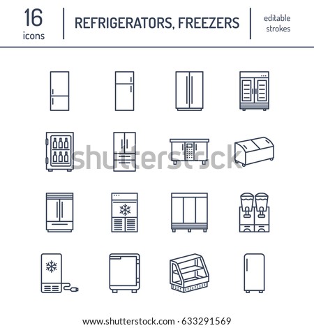Refrigerators flat line icons. Fridge types, freezer, wine cooler, commercial major appliance, refrigerated display case. Thin linear signs for household equipment shop.