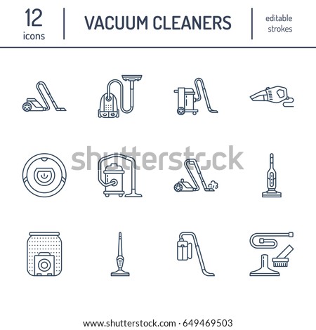 Vacuum cleaners flat line icons. Different vacuums types - industrial, household, handheld, robotic, canister, wet dry. Thin linear signs for housework equipment shop.