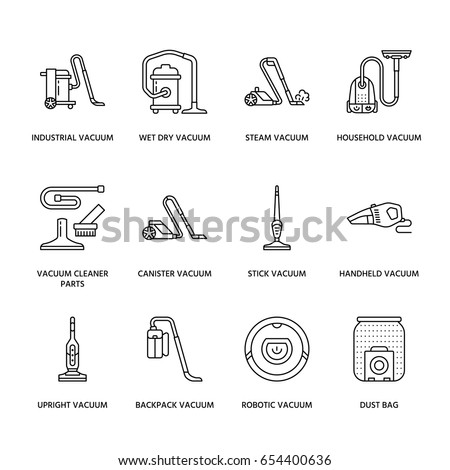 Vacuum cleaners colored flat line icons. Different types - industrial, household, handheld, robotic, canister, wet dry. Thin linear signs for housework equipment shop.