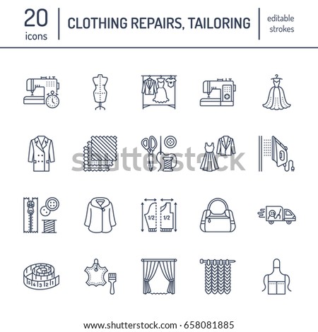 Clothing repair, alterations flat line icons set. Tailor store services - dressmaking, clothes steaming, curtains sewing. Linear signs logos for atelier.