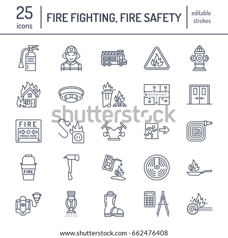 Firefighting, safety equipment flat line icons. Firefighter, fire engine extinguisher, smoke detector, house, danger signs, firehose. Flame protection thin linear pictogram.