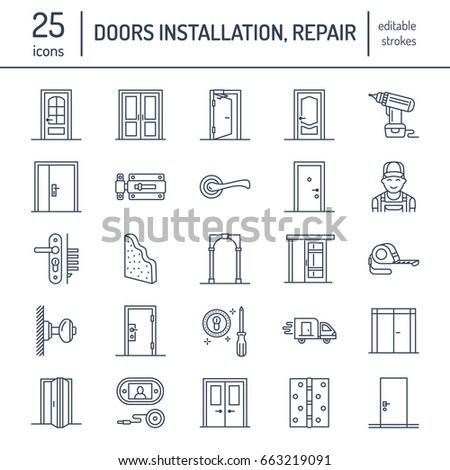 Doors installation, repair line icons. Handle, latch, lock, hinges. Interior design thin linear signs for house decor shop, handyman service.