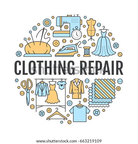 Clothing repair, alterations studio equipment banner illustration. Vector line icon of tailor store services - dressmaking, dress, garment sewing. Clothes atelier circle template with place for text.