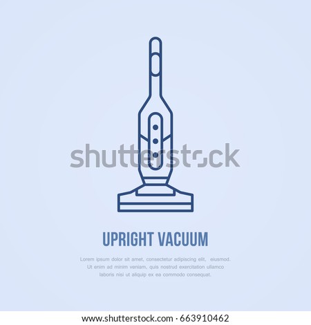 Upright vacuum cleaner flat line icon, logo. Vector illustration of household appliance for housework equipment shop or cleaning service.