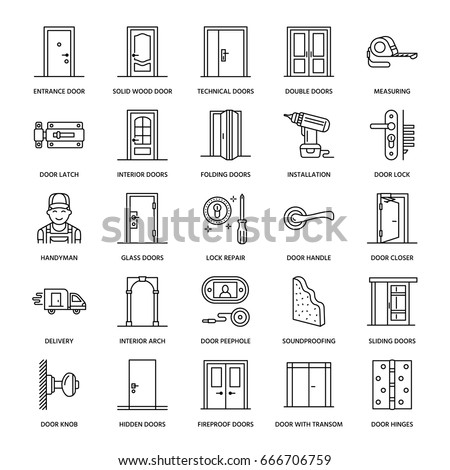Doors installation, repair line icons. Handle, latch, lock, hinges. Interior design thin linear signs for house decor shop, handyman service.