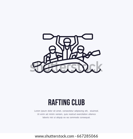 Rafting, kayaking flat line icon. Vector illustration of water sport - happy rafters with paddles in river raft. Linear sign, summer recreation pictograms for paddling gear store.