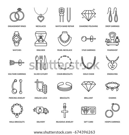 Jewelry flat line icons, jewellery store signs. Jewels accessories - gold engagement rings, gem earrings, silver chain, engraving necklaces, brilliants. 