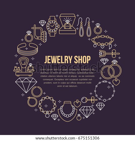 Jewelry shop, diamond accessories banner illustration. Vector line icon of jewels - gold engagement rings, gem earrings, silver necklaces, brilliant. Fashion store circle template with place for text.