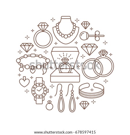 Jewelry shop, diamond accessories banner illustration. Vector line icon of jewels - gold watches, engagement rings, gem earrings, silver necklaces, charms, brilliants. Fashion store circle template.