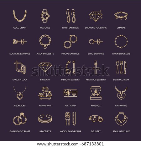 Jewelry flat line icons, jewellery store signs. Jewels accessories - gold engagement rings, gem earrings, silver chain, engraving necklaces, brilliants.