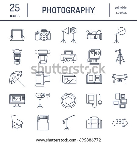 Photography equipment flat line icons. Digital camera, photos, lighting, accessories, memory card, tripod lens film. Vector illustration, signs for studio or store.