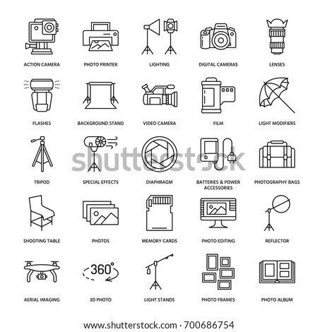 Photography equipment flat line icons. Digital camera, lighting, video accessories, memory card, tripod lens film. Vector illustration, signs for photo studio or store.
