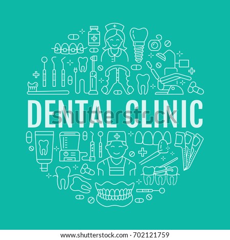 Dentist, orthodontics medical banner with vector line icon of dental care equipment, braces, tooth prosthesis, veneers, floss, caries treatment. Healthcare thin linear poster for dentistry clinic.