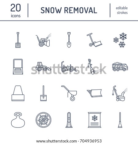 Snow removal flat line icons. Ice relocation service signs. Cold weather equipment - thrower, blower, truck, front loader, shovel. Vector illustration, industrial cleaning symbols.