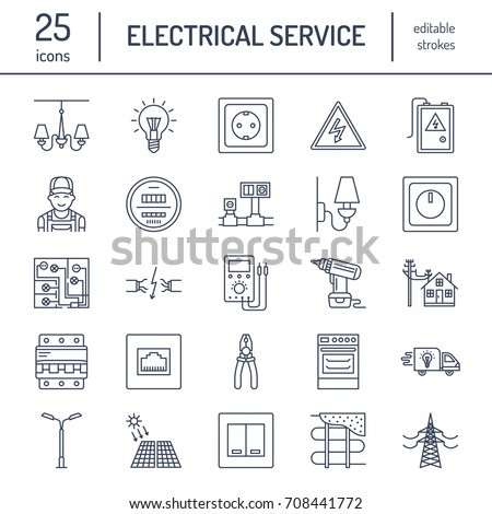 Electricity engineering vector flat line icons. Electrical equipment, power socket, torn wire, energy meter, lamp, wiring design, multimeter. Electrician services signs, house repair illustration.