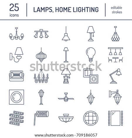Light fixture, lamps flat line icons. Home and outdoor lighting equipment - chandelier, wall sconce, bulb, power socket. Vector illustration, signs for electric, interior store