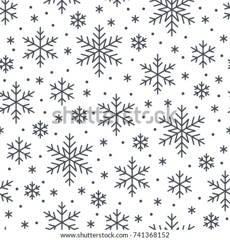 Christmas, new year seamless pattern, snowflakes line illustration. Vector icons of winter holidays, cold season snowfall. Celebration party black white repeated background.
