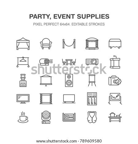 Event supplies flat line icons. Party equipment - stage constructions, visual projector, stanchion, flipchart, marquee. Thin linear signs for catering, commercial rental service. Pixel perfect 64x64.