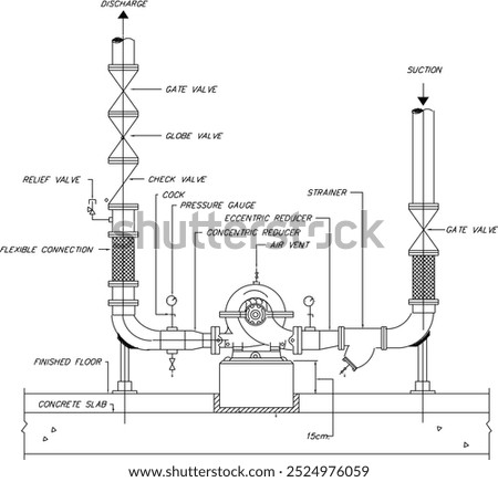 Vector sketch illustration silhouette of Horizontally Split Case Pump Installation Detail design