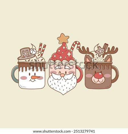 cute illustration of Christmas cups with hot chocolate coffee of santa, reindeer and snowman