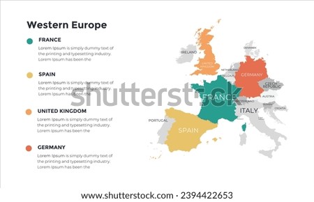 Western Europe map infographic. Slide presentation. Global business marketing concept. Color country. World transportation infographics data. Economic statistic template.