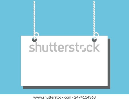 Blank hanging white vector poster frame with rope isolated on blue background.