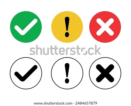 Set of flat round check mark, exclamation point, X mark icons isolated on transparent background.