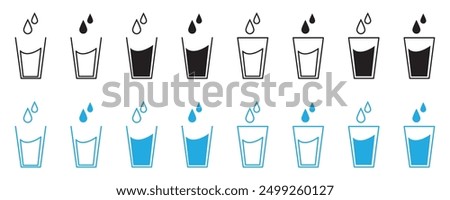 Drinking water drops glass icon set. Glass of drink water symbol in the restaurant or cafe. vector illustration