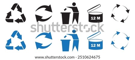 Set of recycle symbols for packaging products. Vector eco icons. Universal recycling and packing signs. Trash icons.